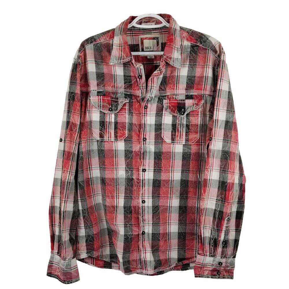 BKE Athletic Fit Men's Button Up Red Plaid Long Sleeve Western Shirt L